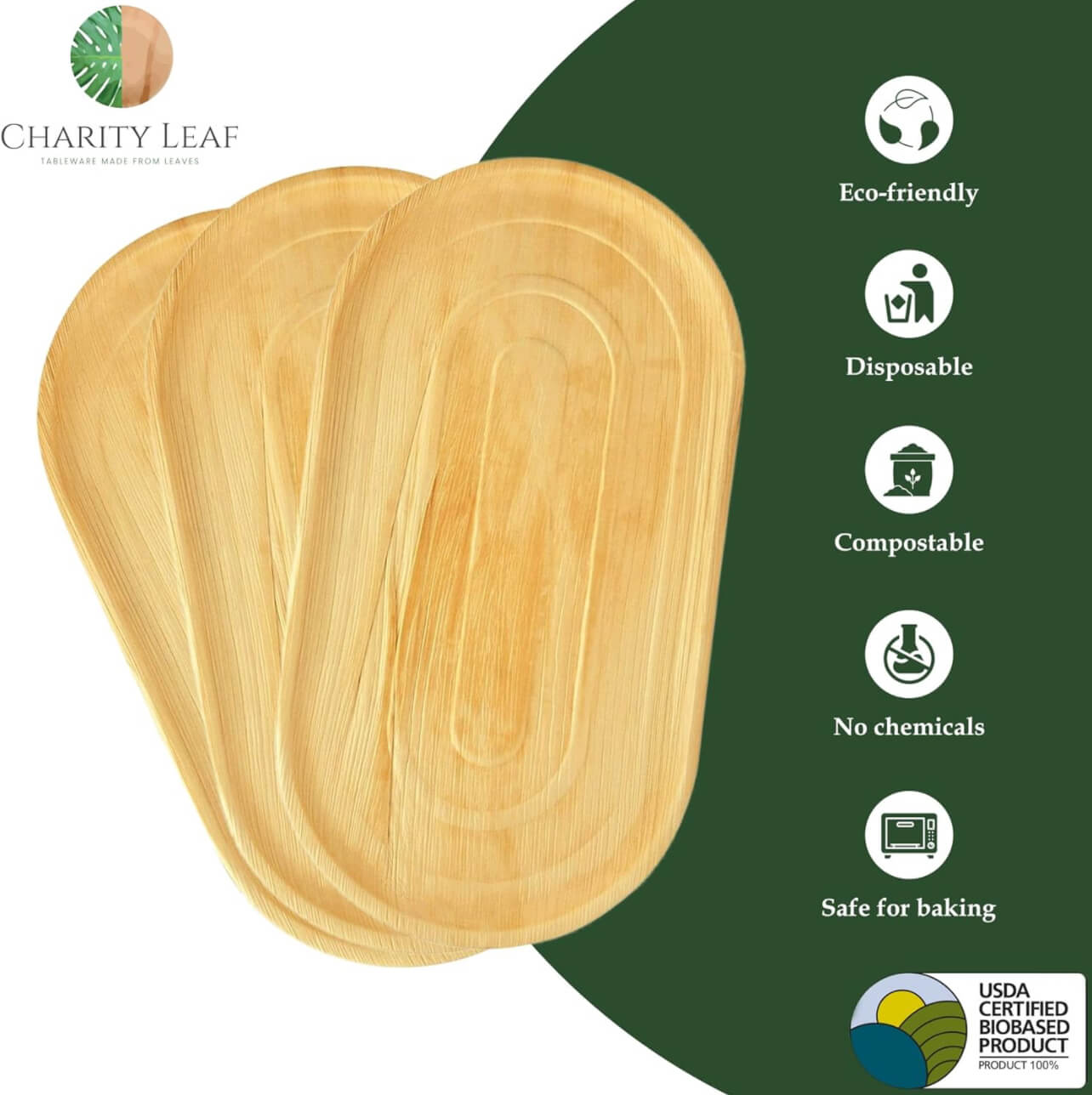 CharityLeaf boards with promotional facts to the right over a white/green background